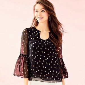 Lilly Pulitzer Amory Top Silk Onyx Black and Gold Bell Sleeves Large